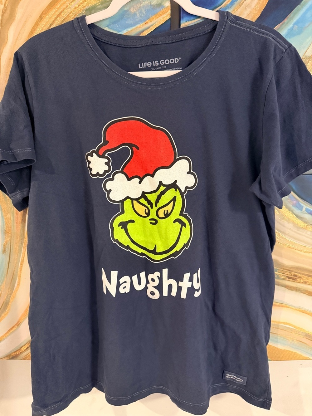 Life Is Good Navy Kids' Grinch 'Naughty' Tee with Red Santa Hat